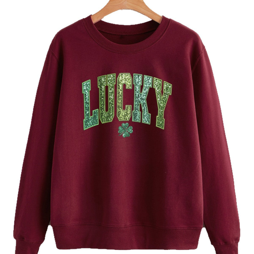Sweatshirt décontracté pour femmes avec inscription scintillante et motif de trèfle