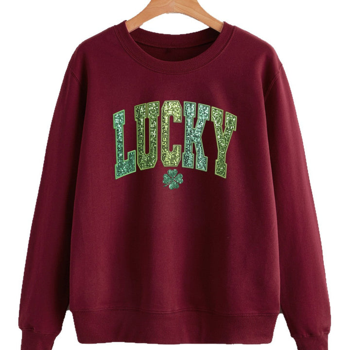 Sweatshirt décontracté pour femmes avec inscription scintillante et motif de trèfle