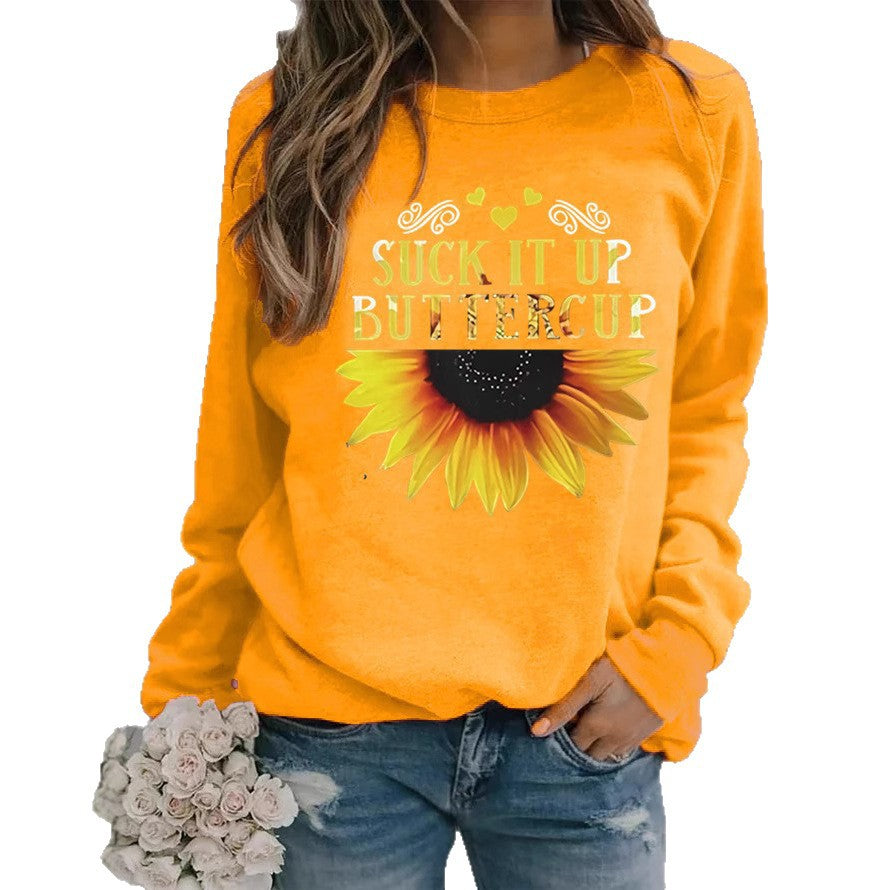 Sweatshirt pour femmes avec impression créative de tournesol et phrase motivante
