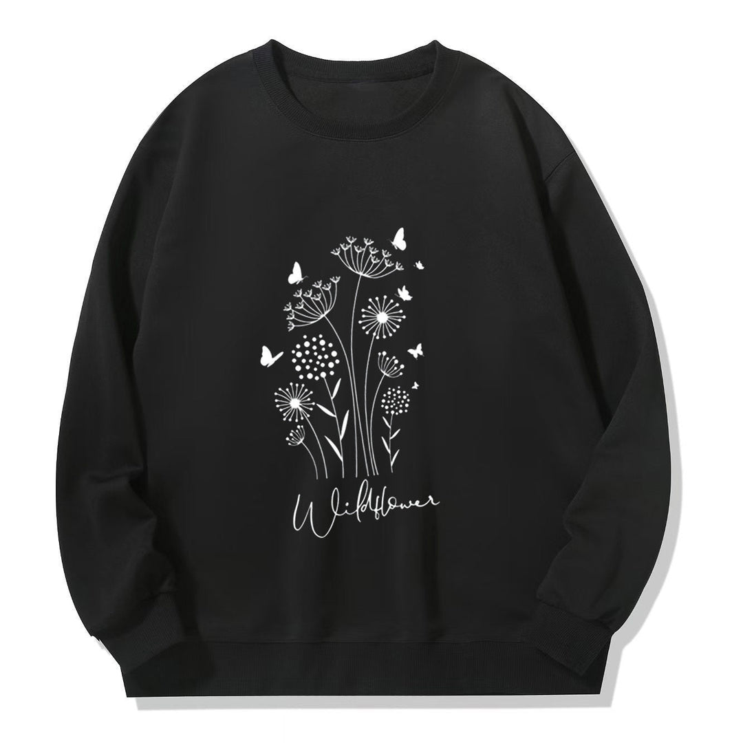 Sweatshirt pour femmes avec imprimé floral de fleurs sauvages et doublure douillette