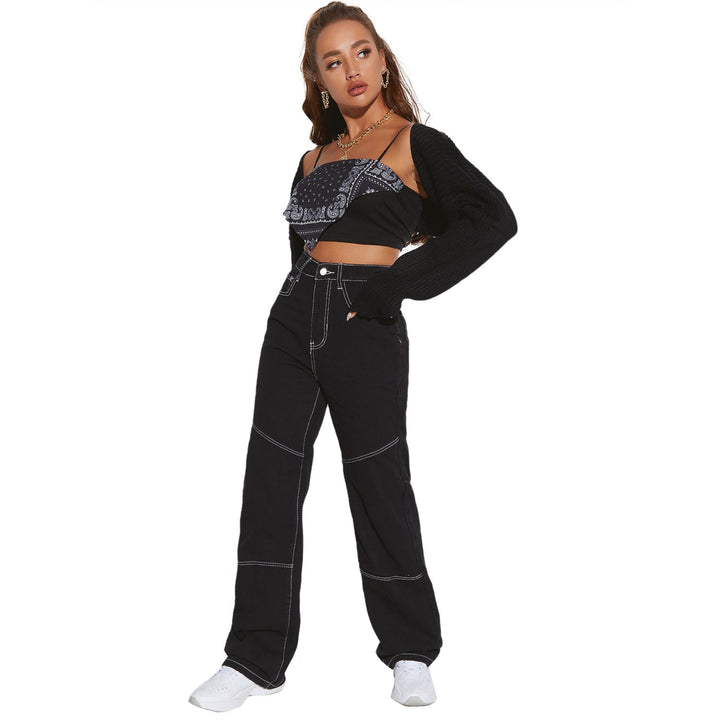 Jeans taille haute larges pour femmes avec coutures contrastées et coupe élégante