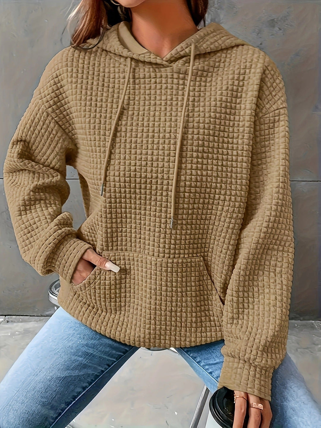 Sweat à capuche pour femmes en motif gaufré structuré avec poches latérales