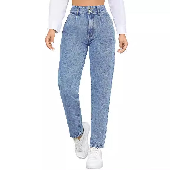 Jeans Boyfriend Taille Haute pour Femmes avec Coupe Classique et Détails Boutonnés