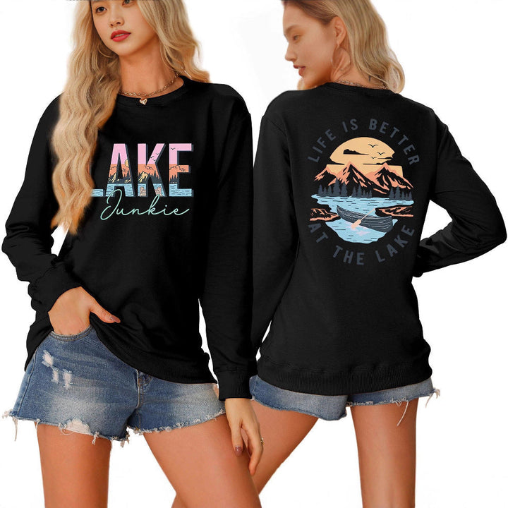 T-shirt à manches longues pour femmes avec motif lac créatif et coupe décontractée