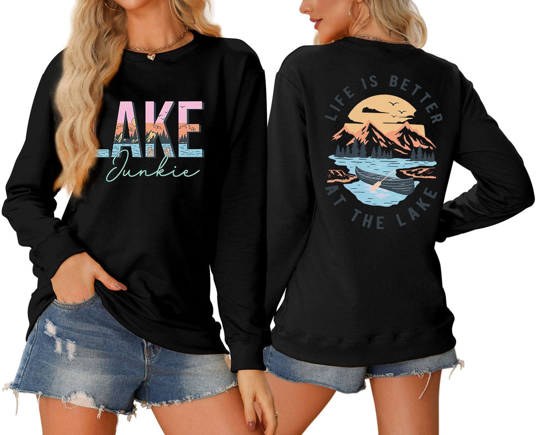 T-shirt à manches longues pour femmes avec motif lac créatif et coupe décontractée