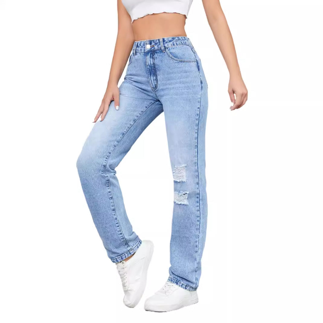 Jeans pour femmes taille haute au style vintage décontracté avec effet destroy