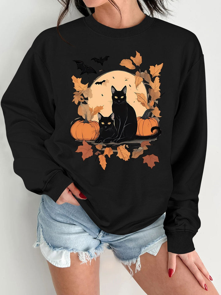 Sweatshirt pour femmes avec un design automnal de chats et de citrouilles
