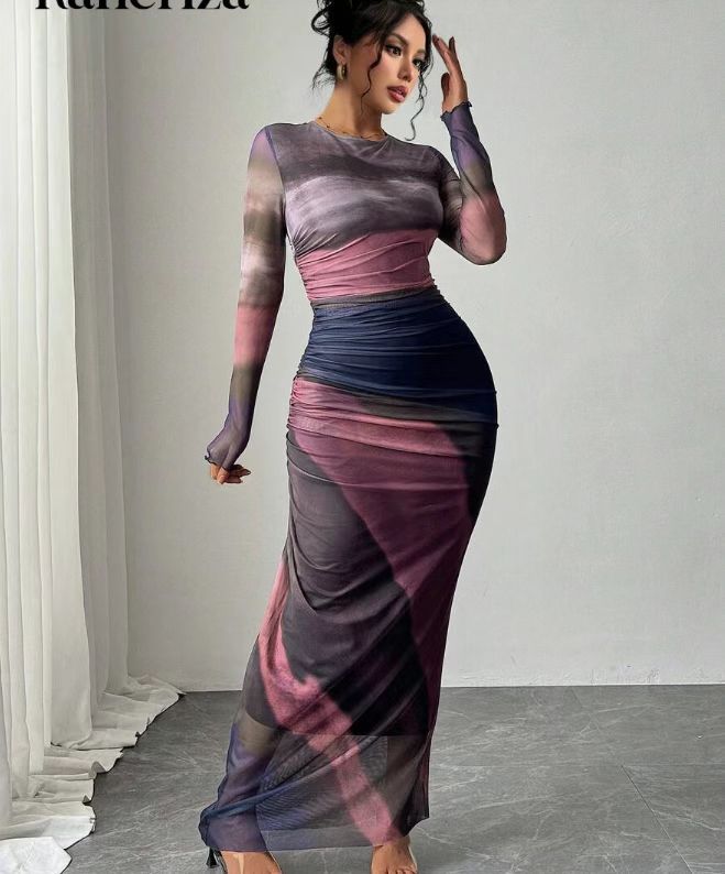 TORINA - Robe maxi imprimée confortable à manches longues et col rond