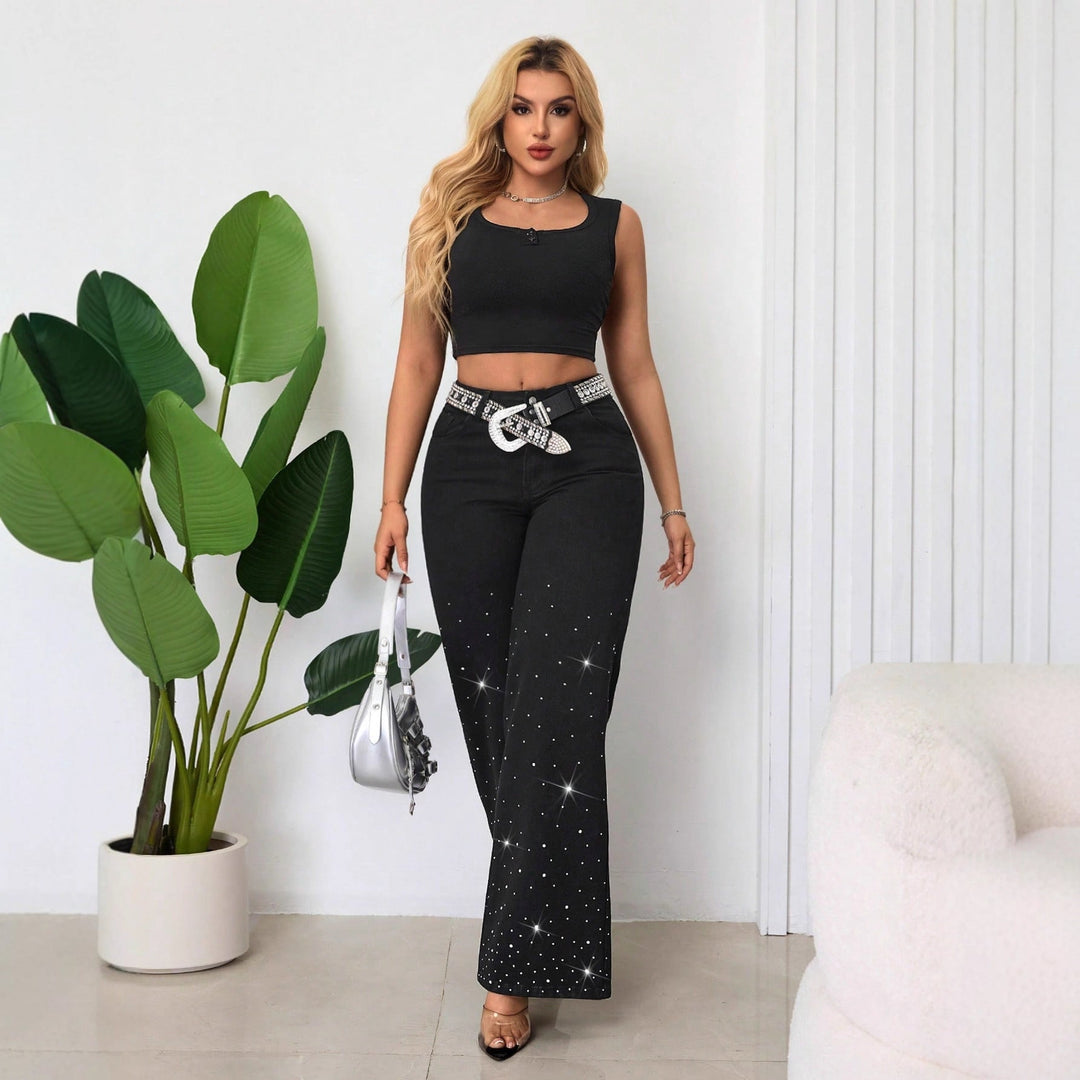 Jeans taille haute pour femmes avec des strass scintillants et une coupe large