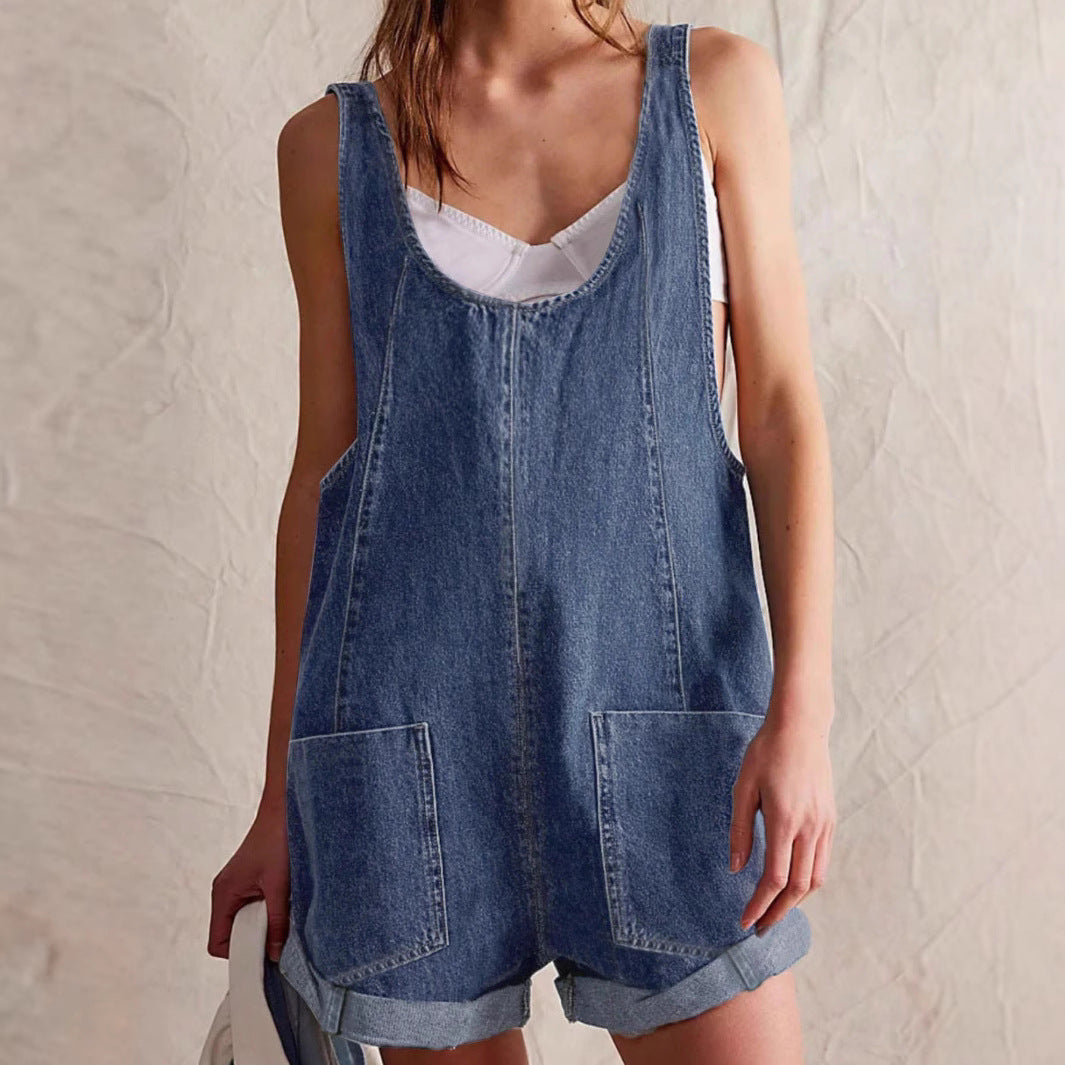 Leni | Salopette en Jean Femme Courte Sans Manches Décolleté Large