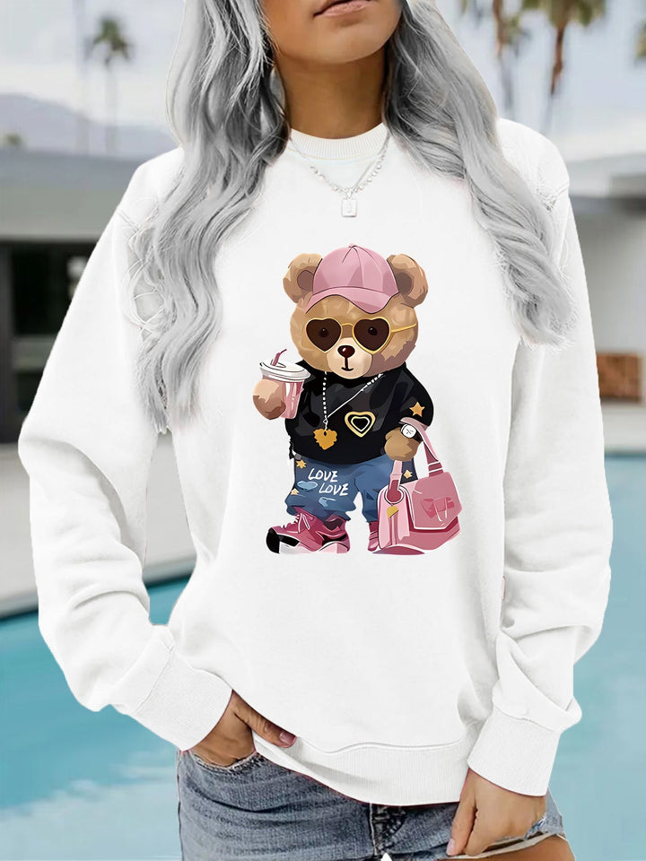Sweatshirt pour femmes avec un motif unique de ours en cartoon et une inscription à la mode