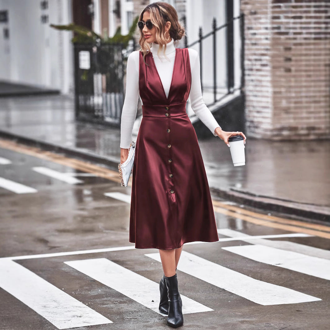 Robe midi élégante pour femmes avec détail à boutons et coupe cintrée