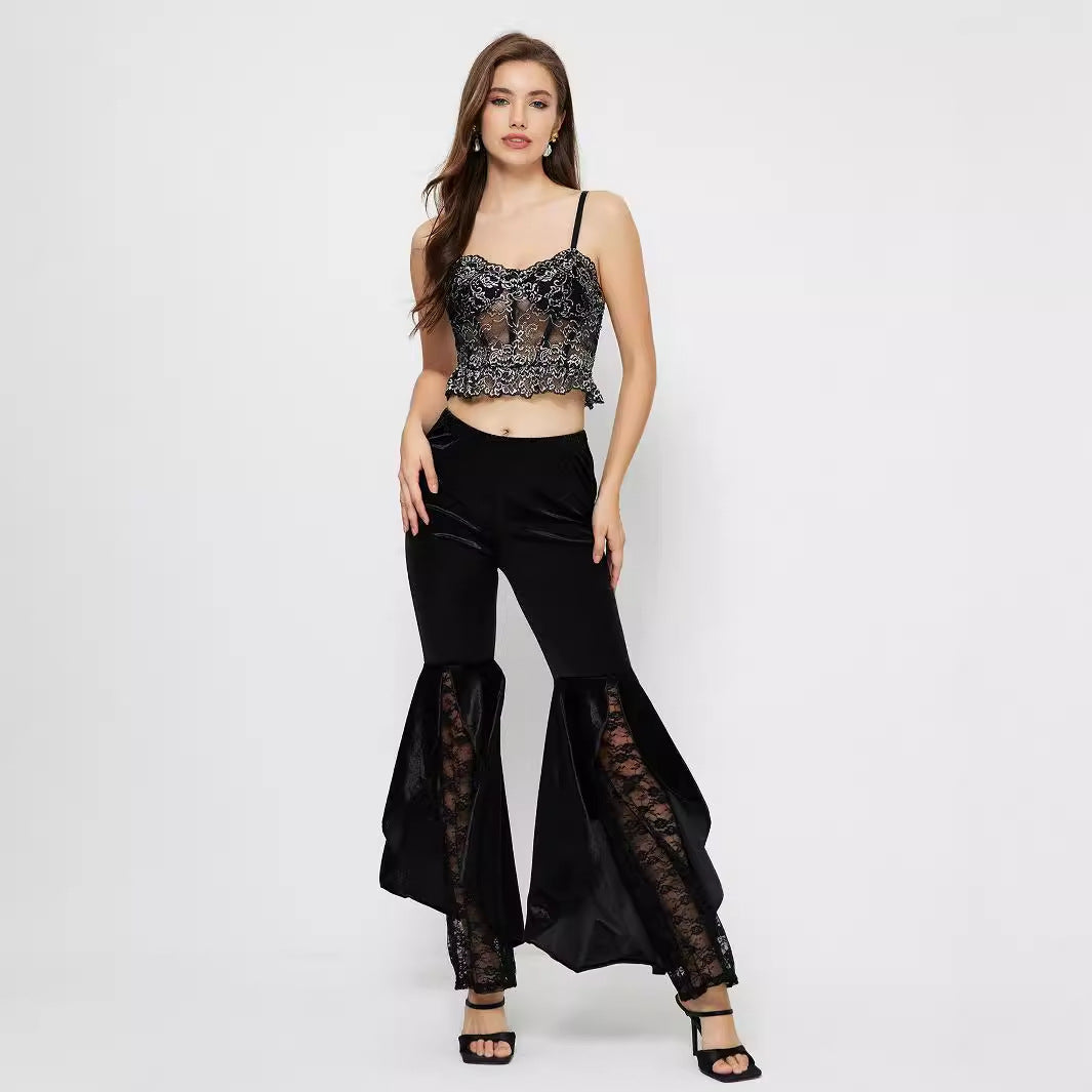 Pantalon Palazzo élégant taille haute pour femmes avec inserts en dentelle transparente