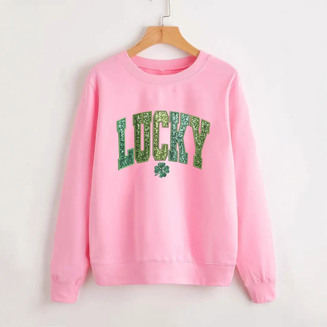 Sweatshirt décontracté pour femmes avec inscription scintillante et motif de trèfle