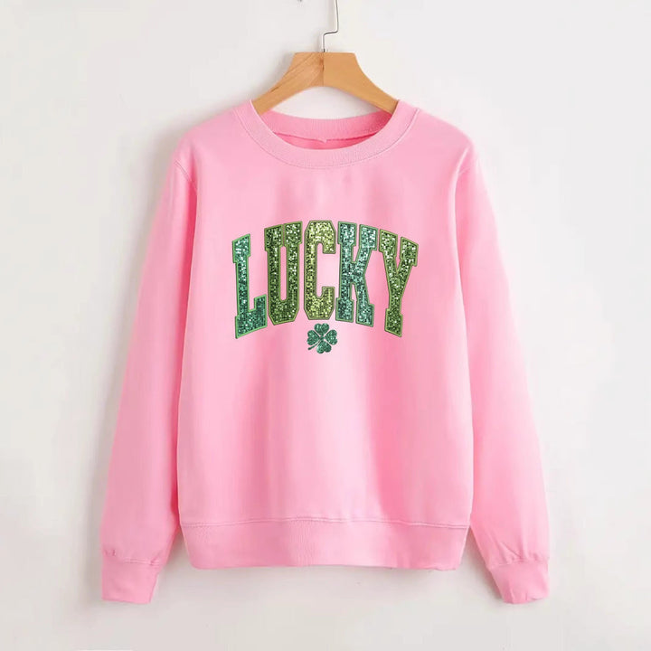 Sweatshirt décontracté pour femmes avec inscription scintillante et motif de trèfle