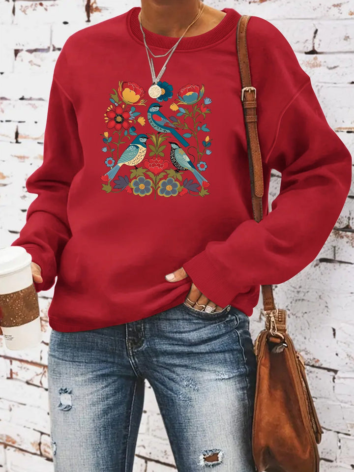Sweat-shirt pour femmes avec motif floral d'oiseau et coupe décontractée