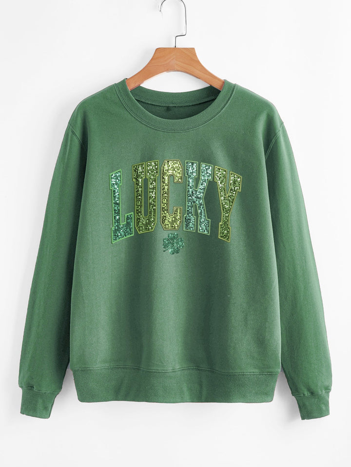 Sweatshirt décontracté pour femmes avec inscription scintillante et motif de trèfle