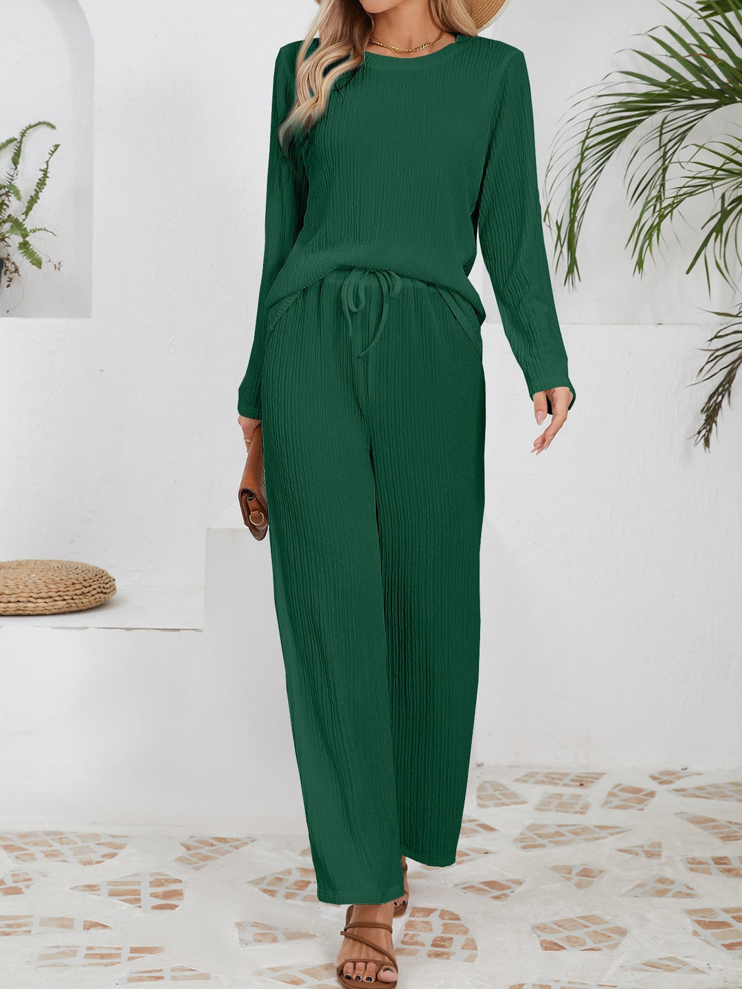 Ensemble décontracté et confortable pour femmes avec texture côtelée et taille élastique