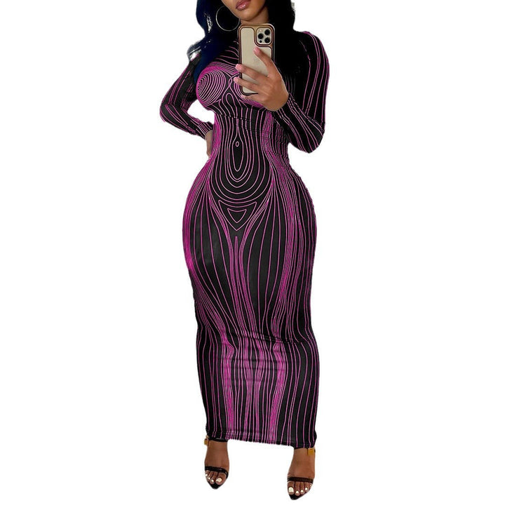 Robe maxi à manches longues ajustée pour femmes avec un design graphique moderne