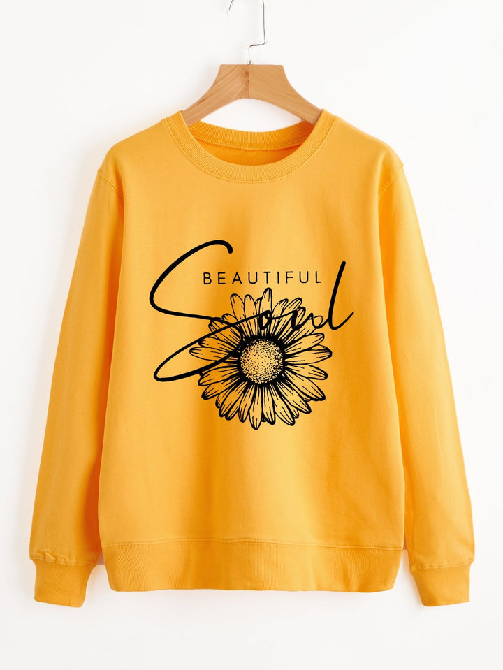 Sweat-shirt femme avec motif floral et inscription inspirante