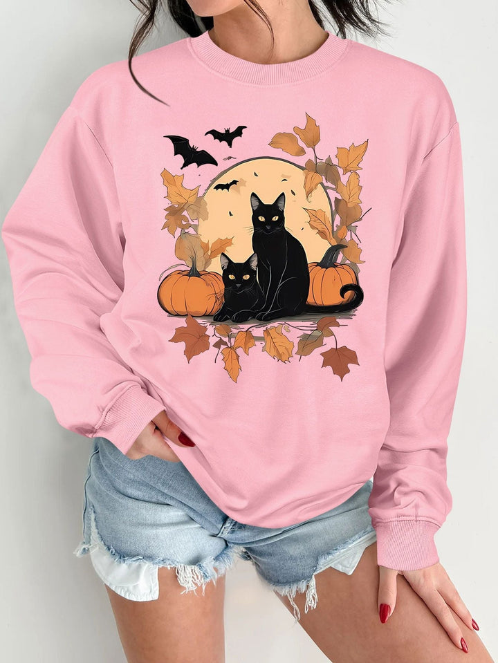 Sweatshirt pour femmes avec un design automnal de chats et de citrouilles