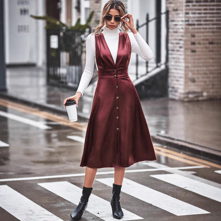 Robe midi élégante pour femmes avec détail à boutons et coupe cintrée