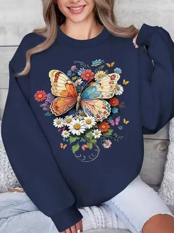 Sweatshirt à manches longues pour femmes avec impression florale de papillon