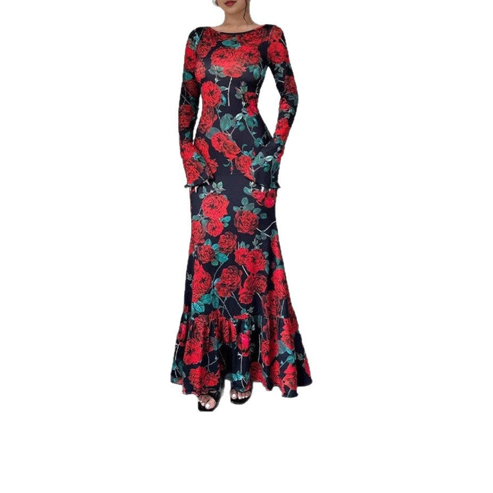 Robe maxi élégante pour femmes avec des détails en volants floraux et des manches longues