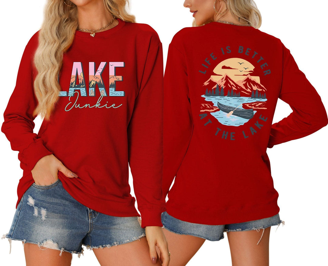 T-shirt à manches longues pour femmes avec motif lac créatif et coupe décontractée