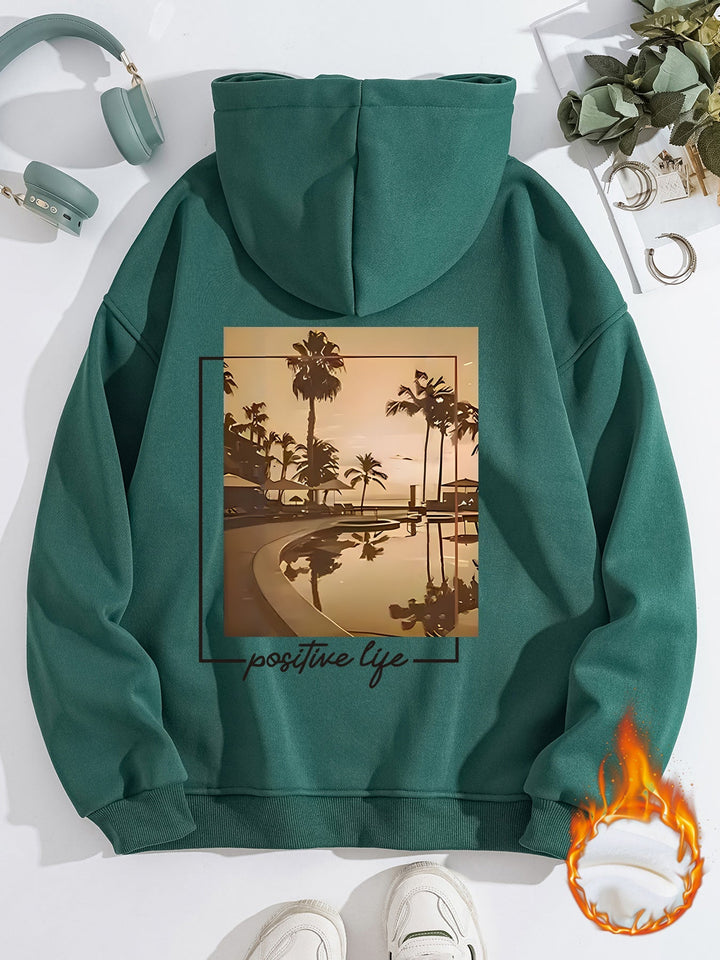 Sweat à capuche pour femmes avec motif de palmiers urbains et slogan positif