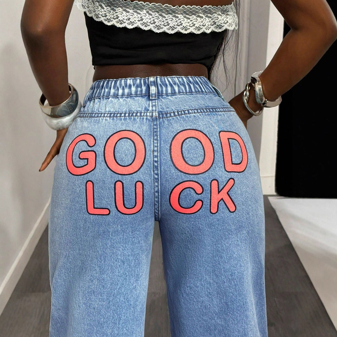 Jeans femmes taille haute à jambes larges avec impression statement