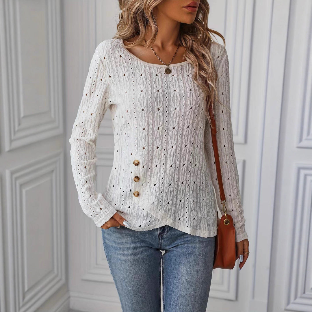 T-shirt à manches longues pour femmes avec boutons décoratifs et texture