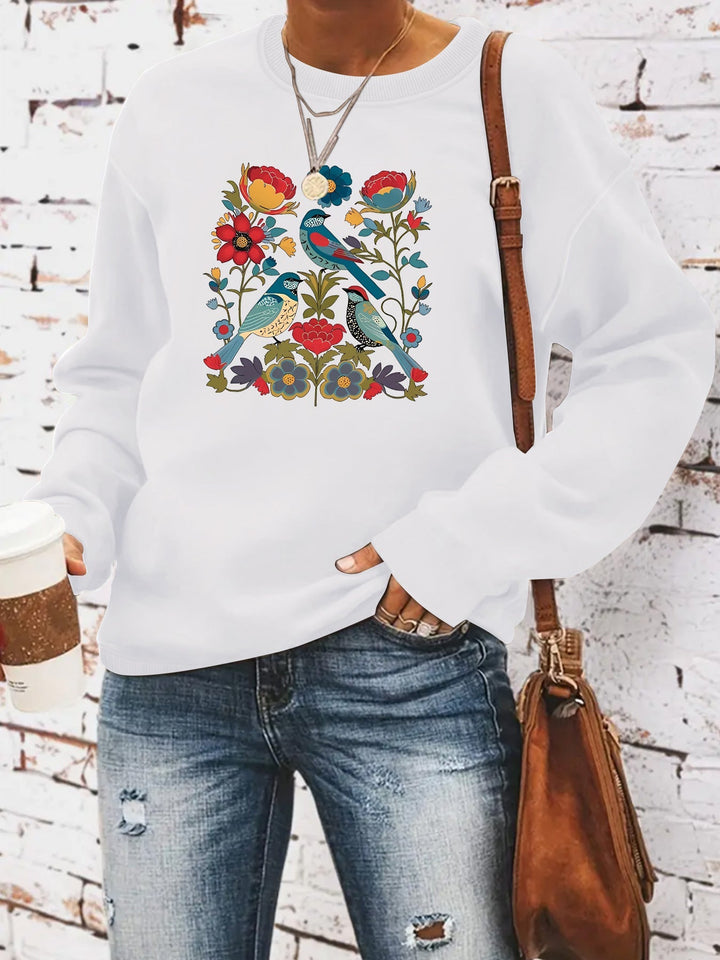 Sweat-shirt pour femmes avec motif floral d'oiseau et coupe décontractée