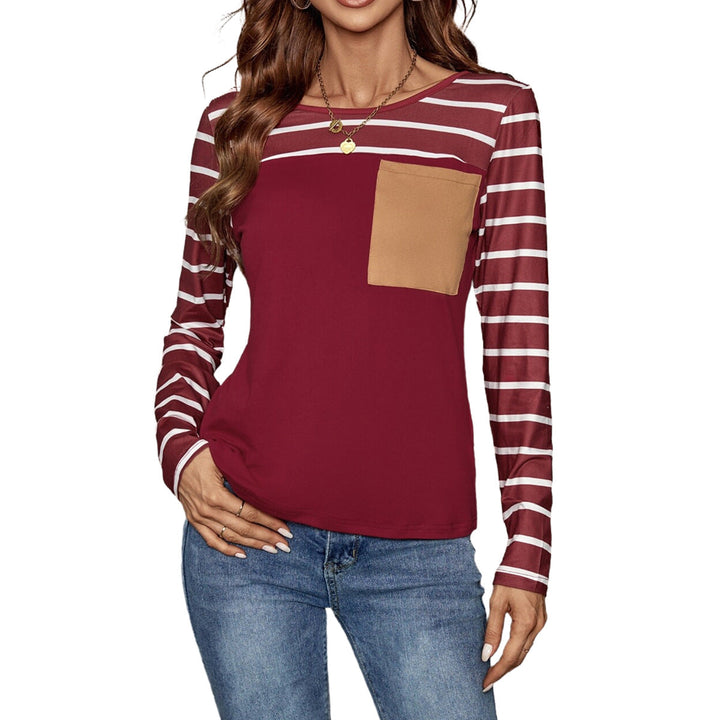 T-shirt à manches longues rayé pour femmes avec poche poitrine pratique