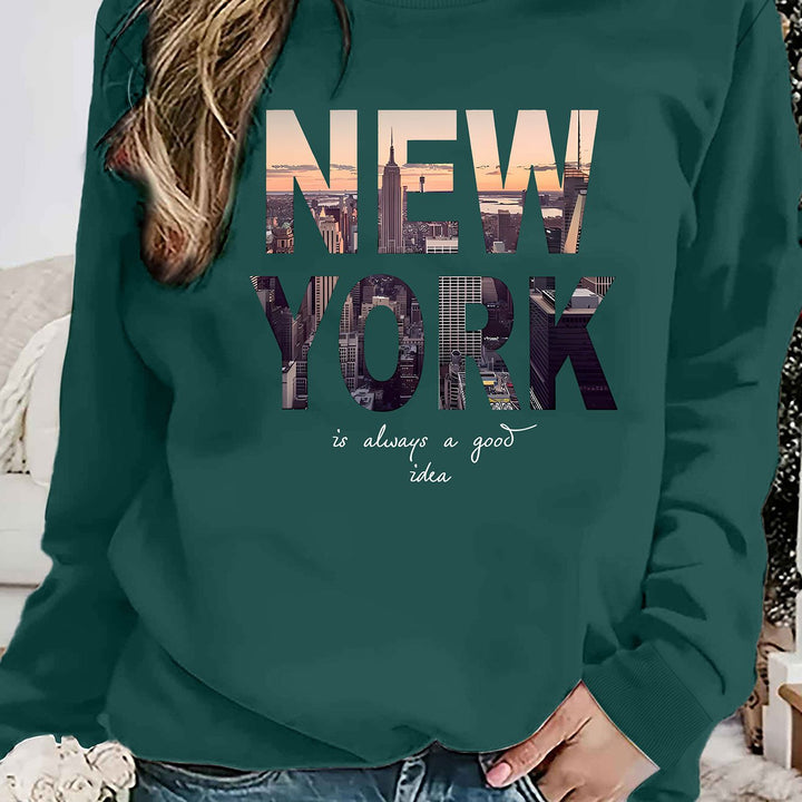 Sweatshirt pour femmes avec impression créative de la skyline de New York et coupe confortable