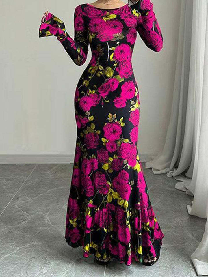 Robe maxi élégante pour femmes avec des détails en volants floraux et des manches longues