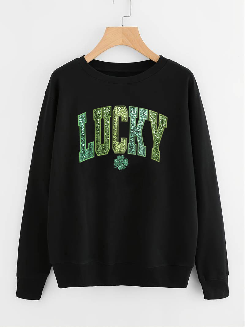 Sweatshirt décontracté pour femmes avec inscription scintillante et motif de trèfle