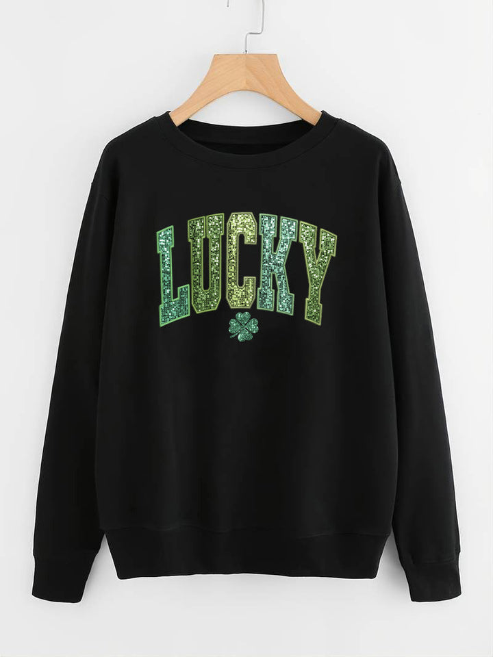 Sweatshirt décontracté pour femmes avec inscription scintillante et motif de trèfle