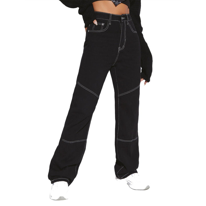 Jeans taille haute larges pour femmes avec coutures contrastées et coupe élégante