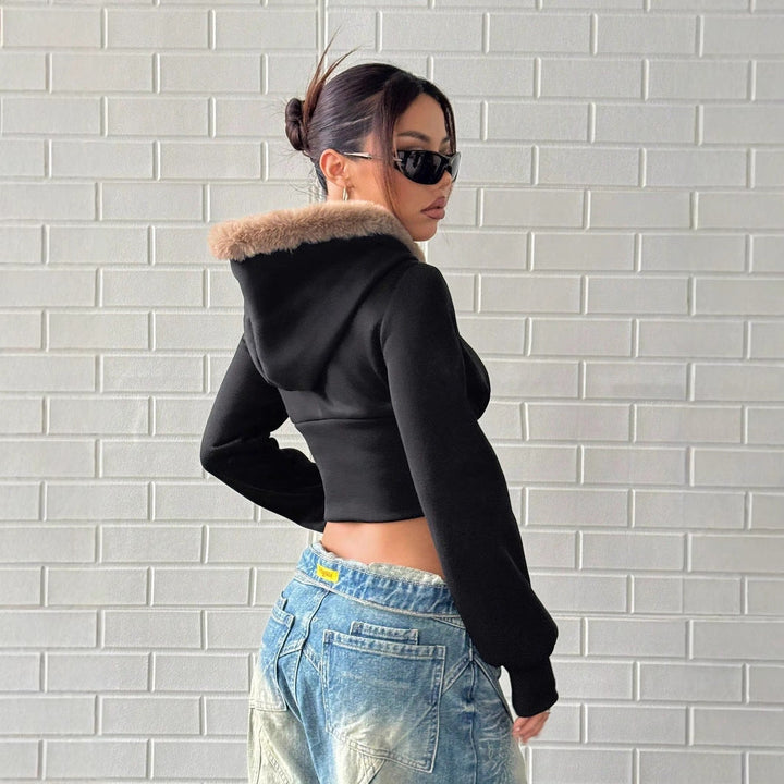Hoodie cropped pour femmes avec garniture en fourrure luxueuse