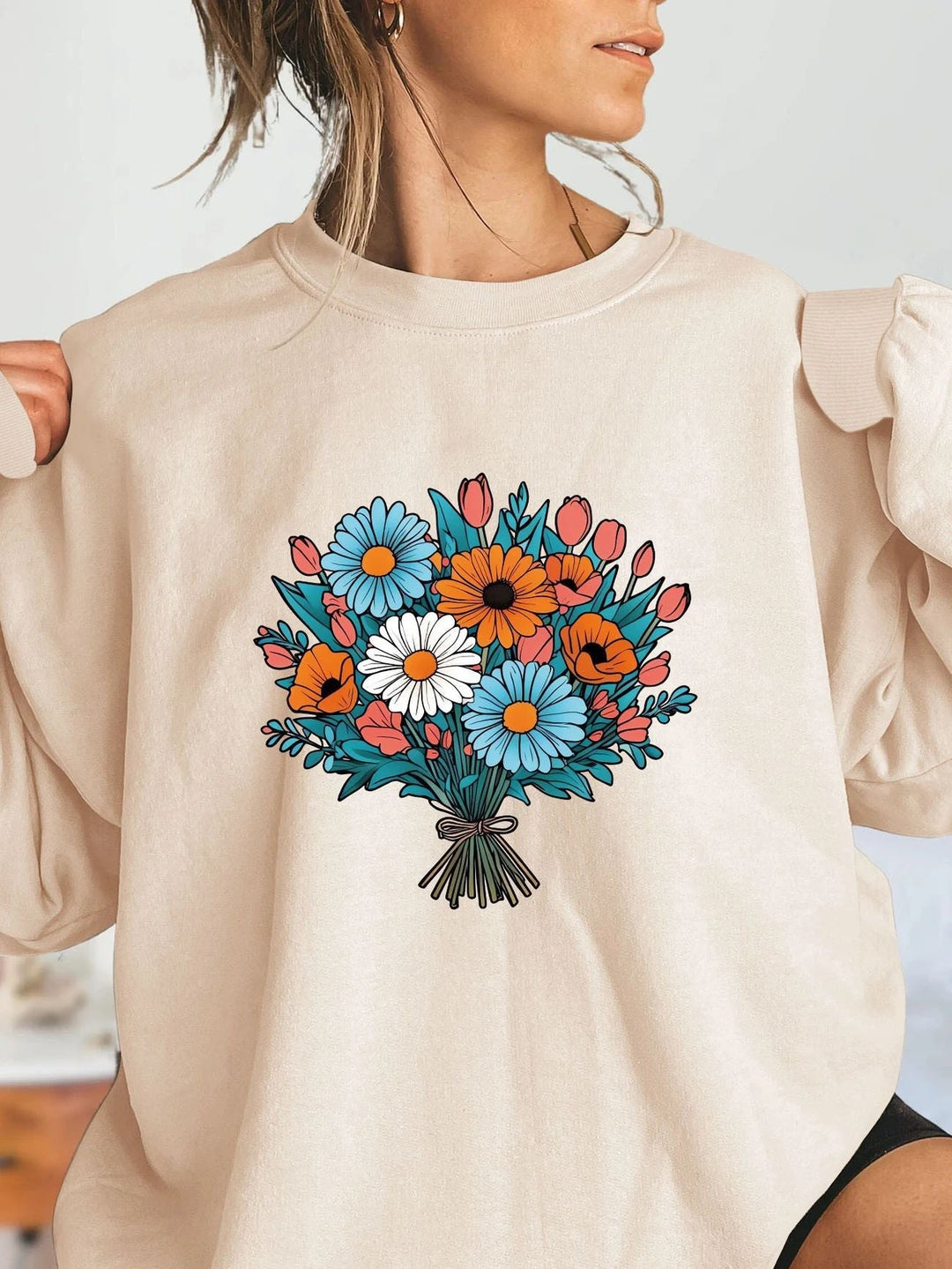 Sweatshirt Oversized Femme avec Détails Graphiques Floraux