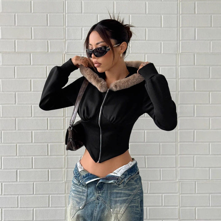 Hoodie cropped pour femmes avec garniture en fourrure luxueuse