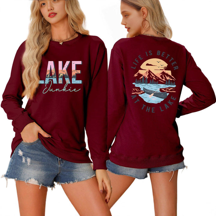 T-shirt à manches longues pour femmes avec motif lac créatif et coupe décontractée