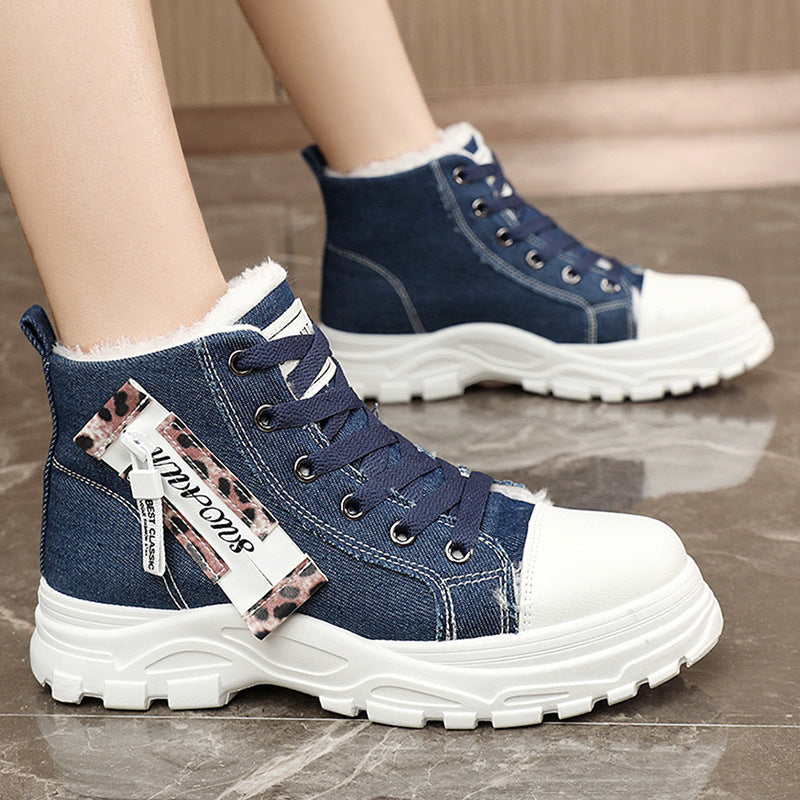 Baskets montantes pour femmes en denim robuste avec doublure en polaire douillette