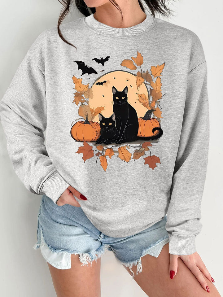 Sweatshirt pour femmes avec un design automnal de chats et de citrouilles