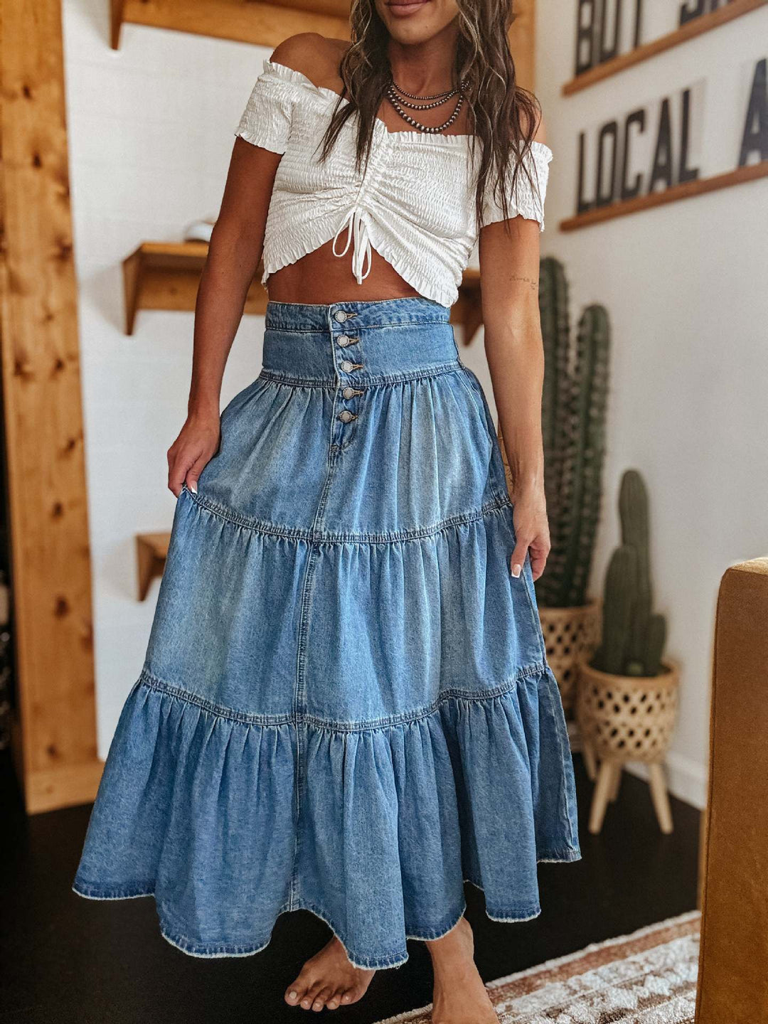 Isla - Jupe midi en denim avec volants