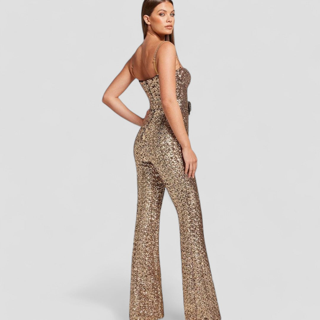 Jumpsuit pour femmes avec paillettes, coupe cintrée et jambe évasée pour les occasions festives
