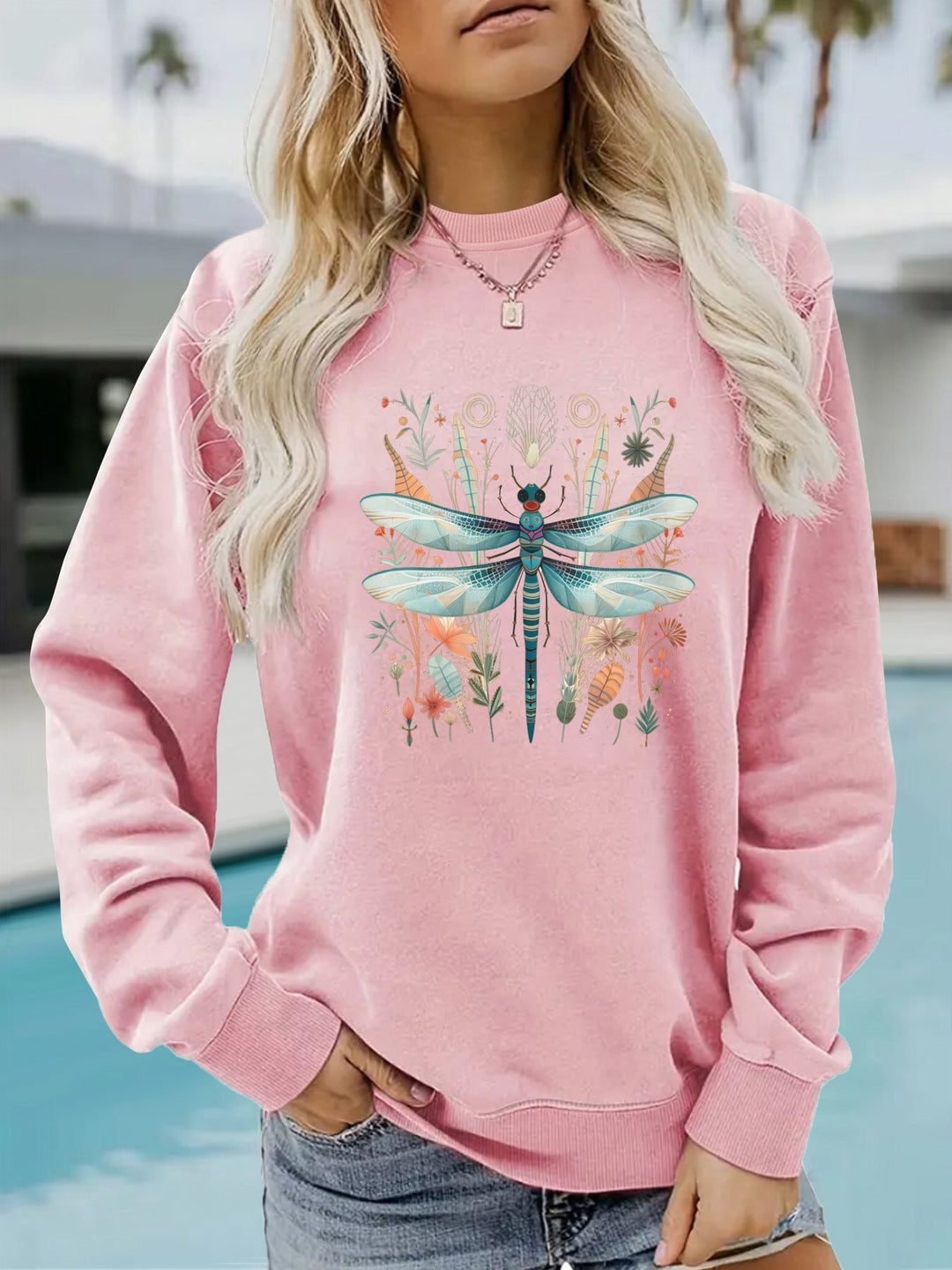 Sweatshirt pour femmes avec un imprimé unique de libellules et un design botanique