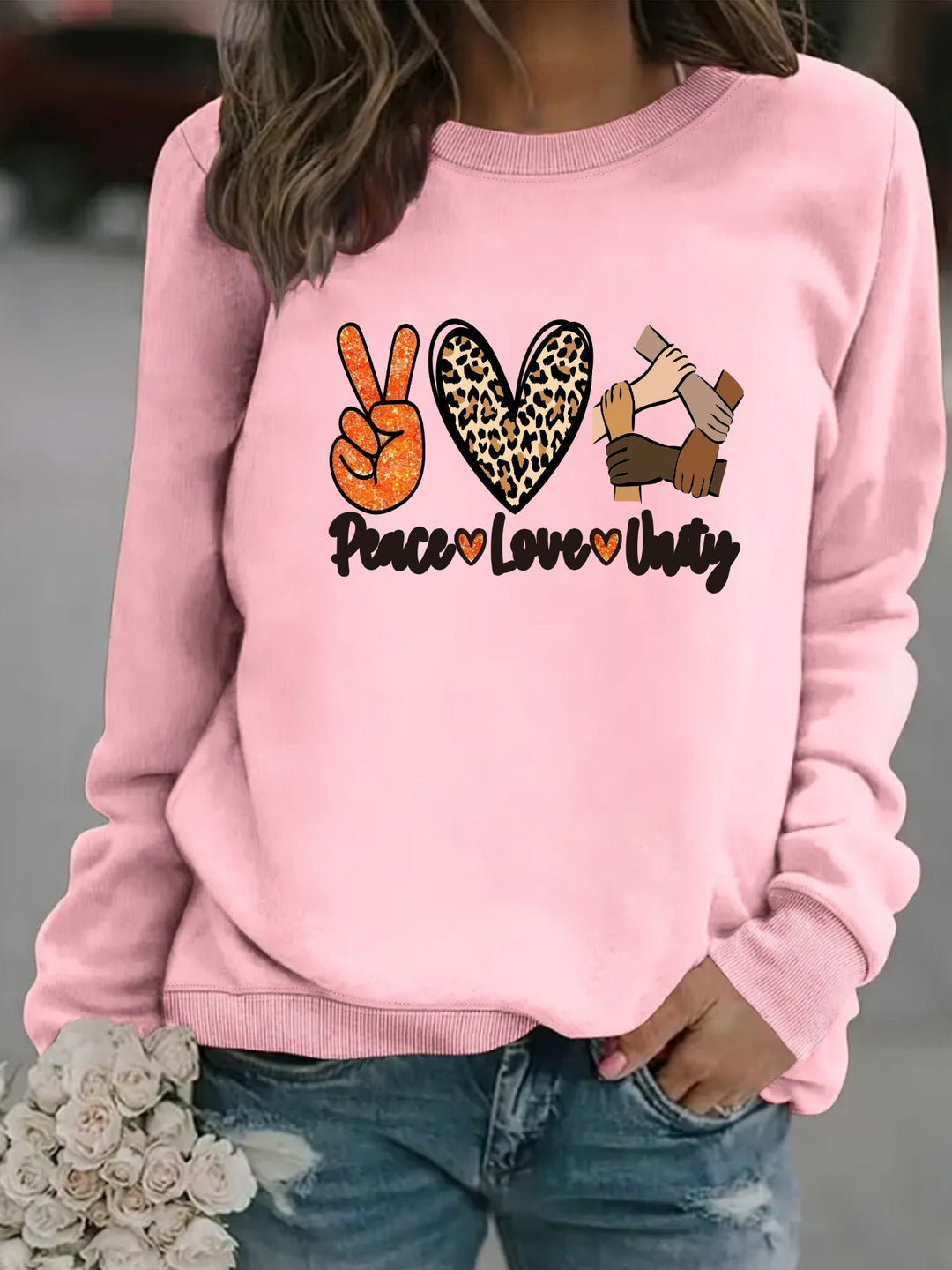Sweat-shirt pour femmes avec un motif créatif de Paix, Amour et Unité
