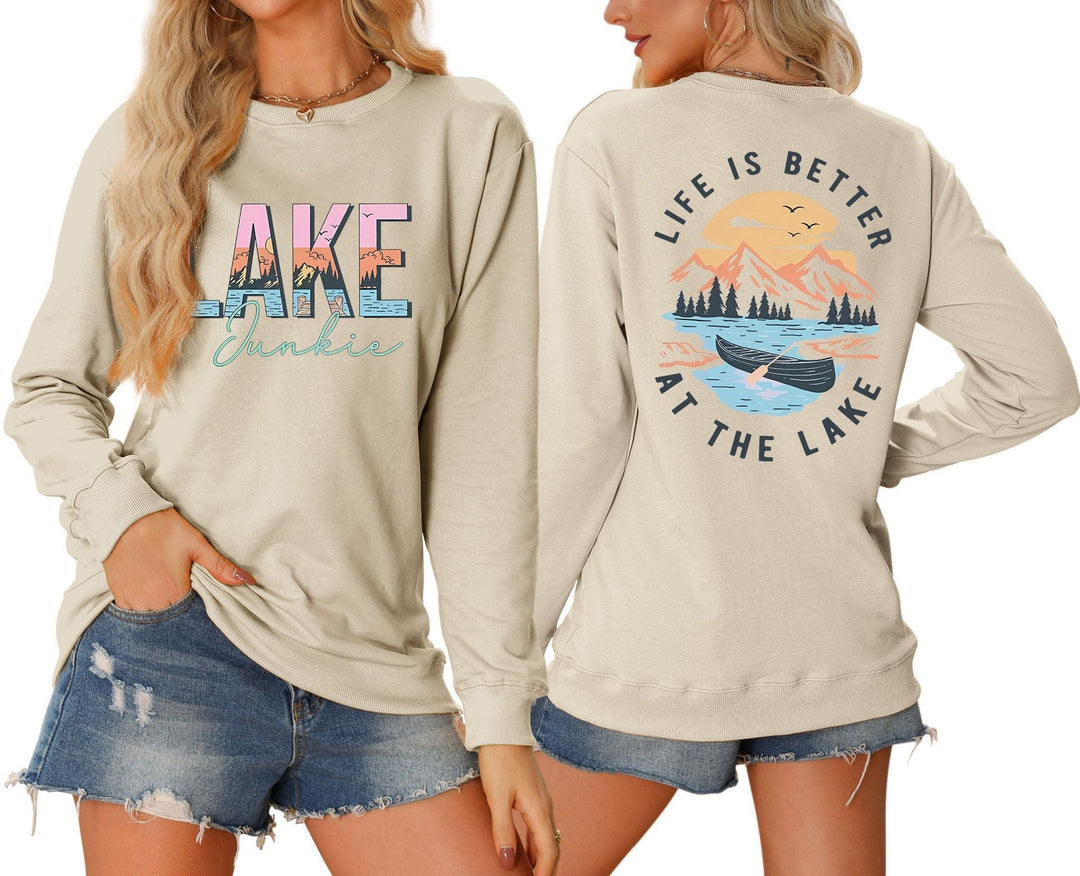 T-shirt à manches longues pour femmes avec motif lac créatif et coupe décontractée